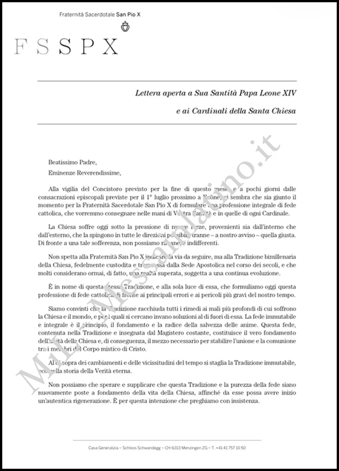 24 de junio de 2026: la FSSPX publica una carta abierta al papa León XIV y al Colegio Cardenalicio, acompañada de una “Profesión de fe” de 28 páginas